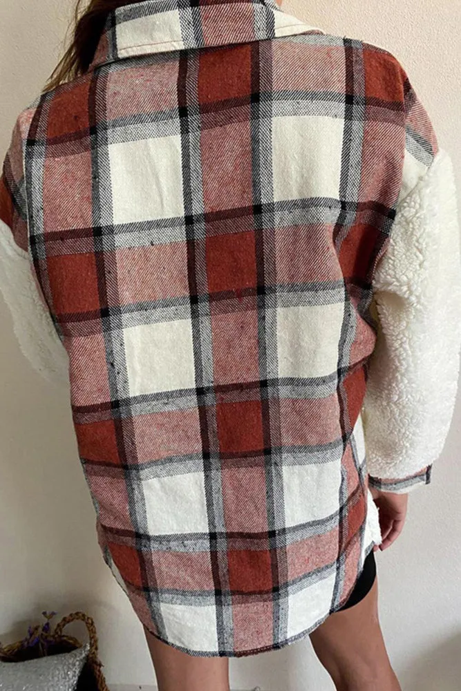 Plaid Splicing Buttons Closure Teddy Shacket Women