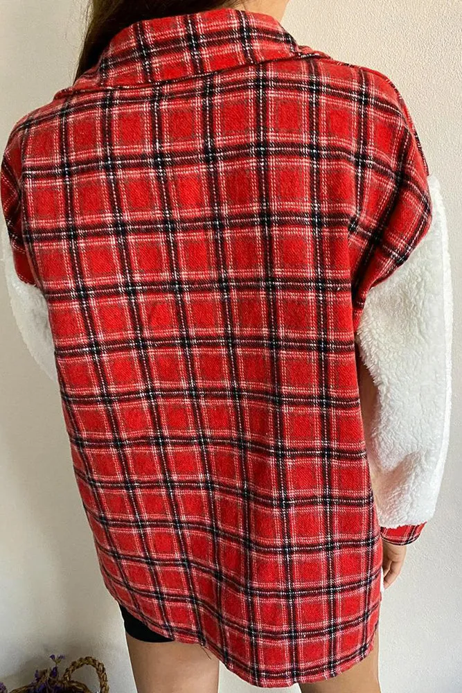 Plaid Splicing Buttons Closure Teddy Shacket Women