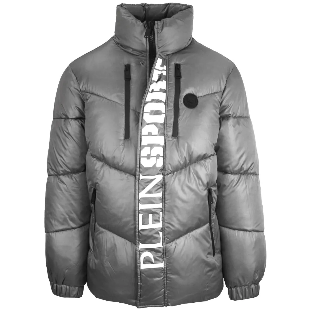 Plein Sport Bold Vertical Logo Shiny Padded Grey Jacket