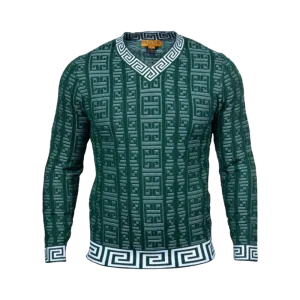 Prestige Green V-Neck Men's Pullover Sweaters Greek Key Design