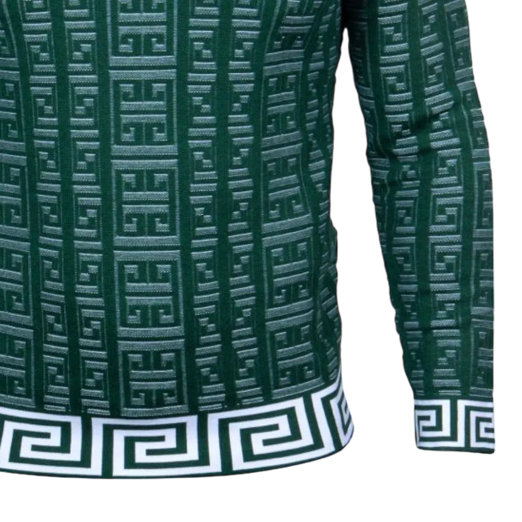 Prestige Green V-Neck Men's Pullover Sweaters Greek Key Design