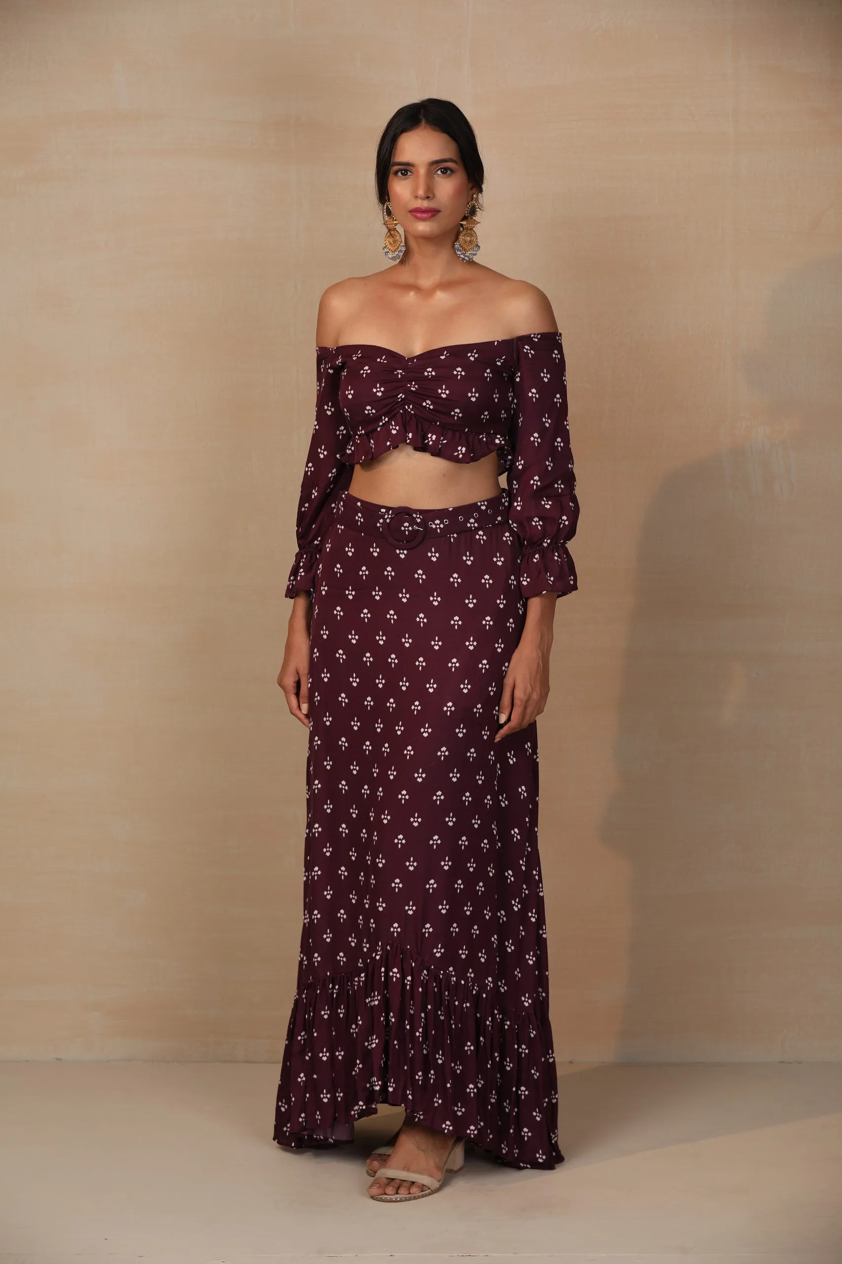 Purple Printed Crop Top And Skirt Set