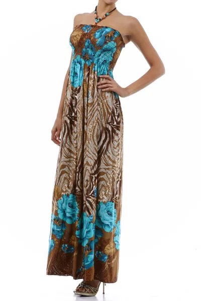 Rose and Zebra Graphic Print Beaded Halter Smocked Bodice Maxi / Long Dress