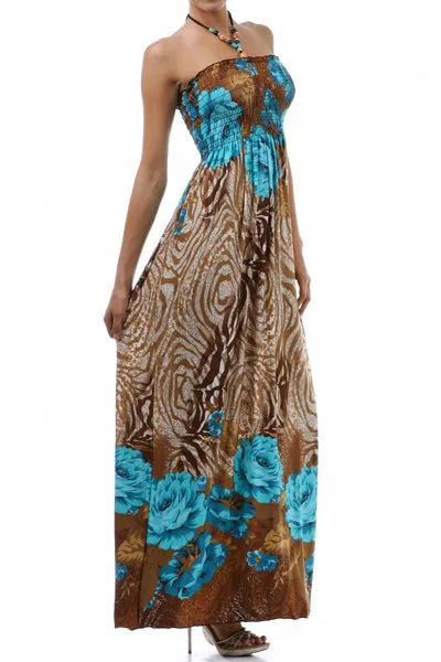 Rose and Zebra Graphic Print Beaded Halter Smocked Bodice Maxi / Long Dress