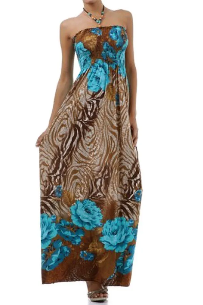 Rose and Zebra Graphic Print Beaded Halter Smocked Bodice Maxi / Long Dress