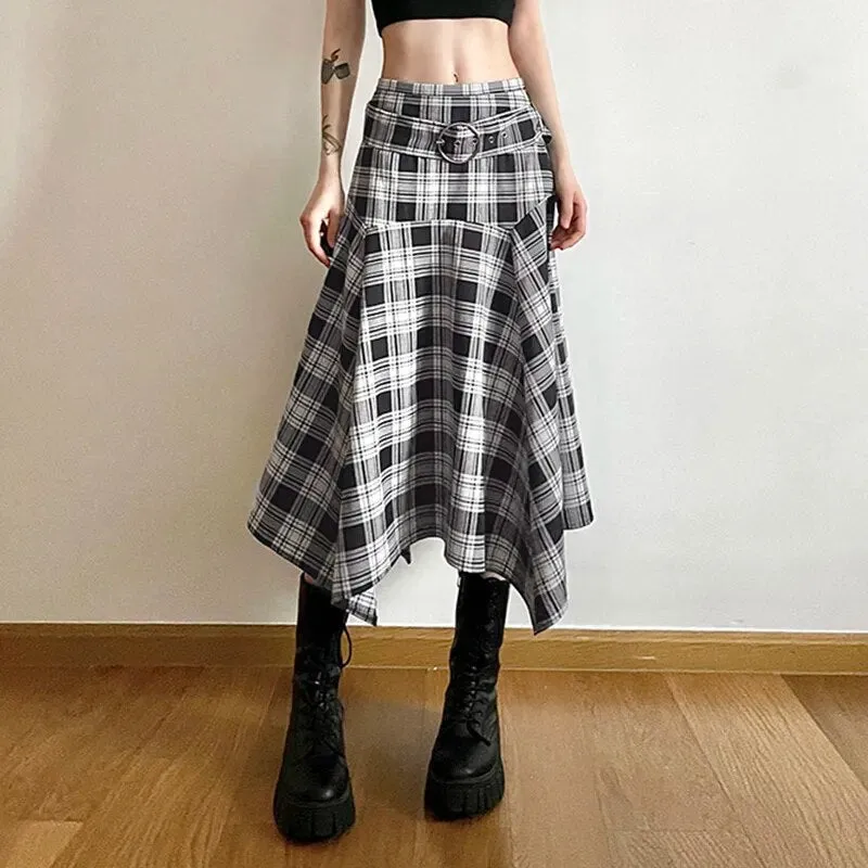 Vintage Belt Asymmetrical Plaid Midi Skirt