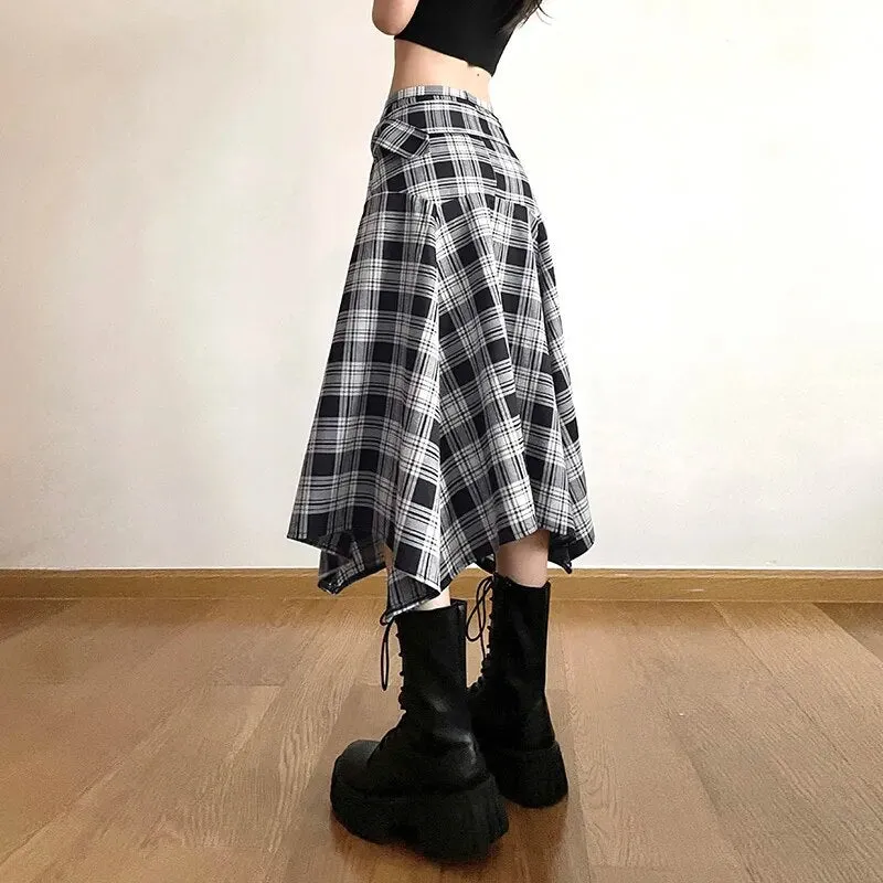 Vintage Belt Asymmetrical Plaid Midi Skirt