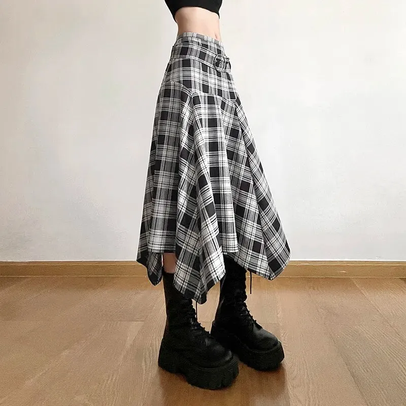 Vintage Belt Asymmetrical Plaid Midi Skirt