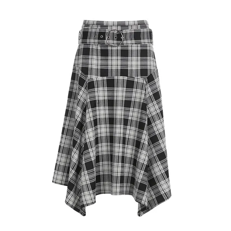 Vintage Belt Asymmetrical Plaid Midi Skirt