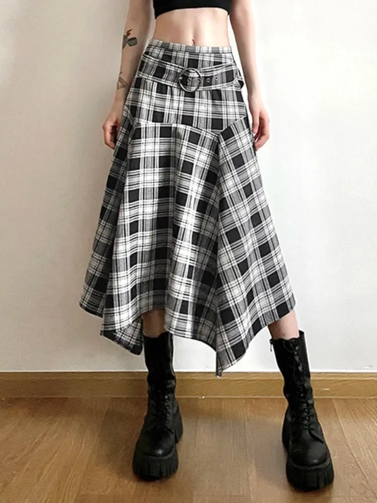 Vintage Belt Asymmetrical Plaid Midi Skirt