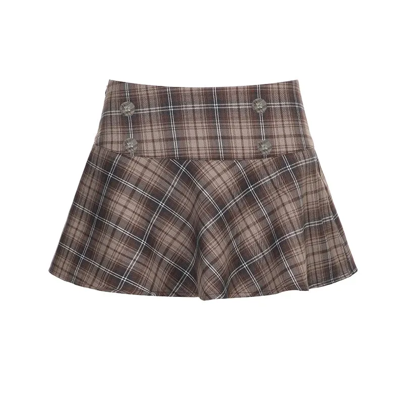 Vintage Buttons Plaid A-Line Mini Skirt