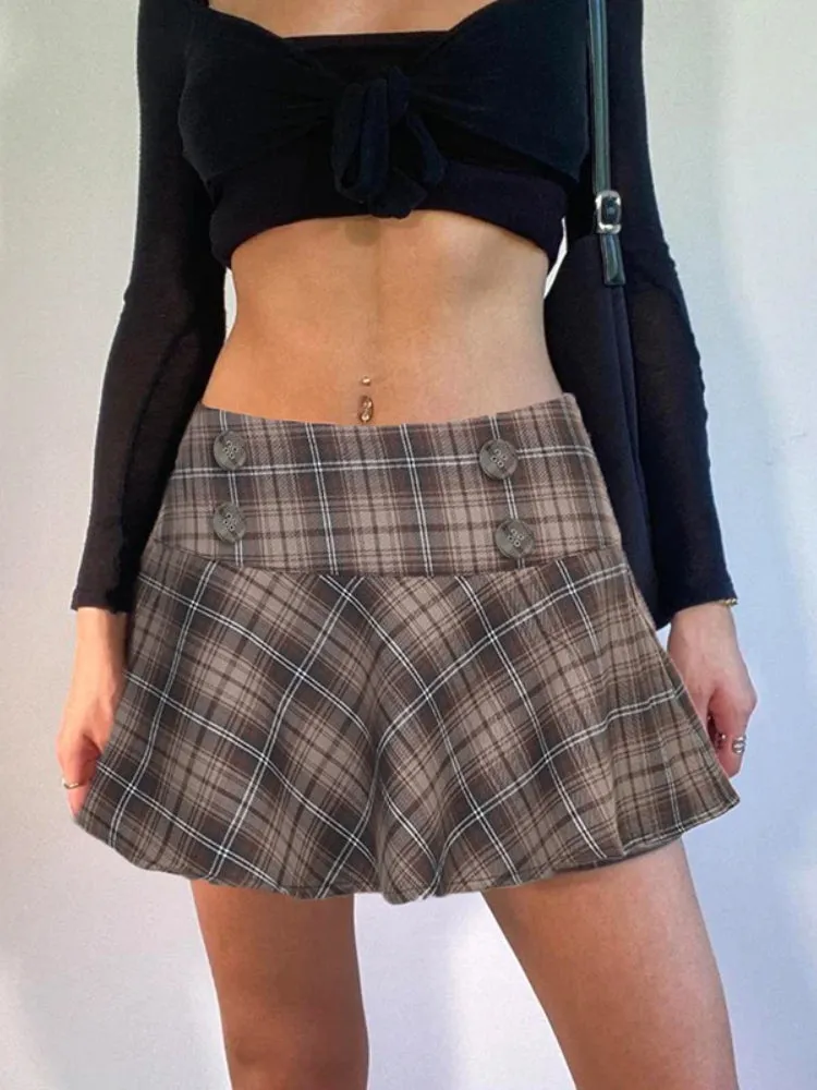 Vintage Buttons Plaid A-Line Mini Skirt