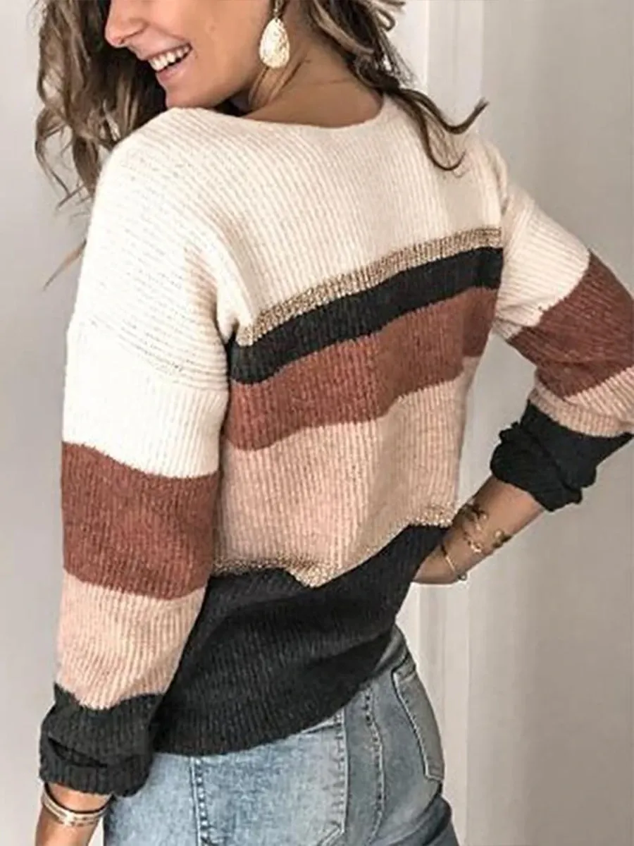 Women's Daily V-Neck Striped Long Sleeve Knit Sweater