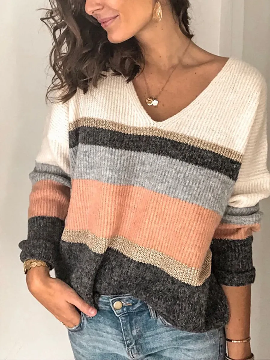 Women's Daily V-Neck Striped Long Sleeve Knit Sweater